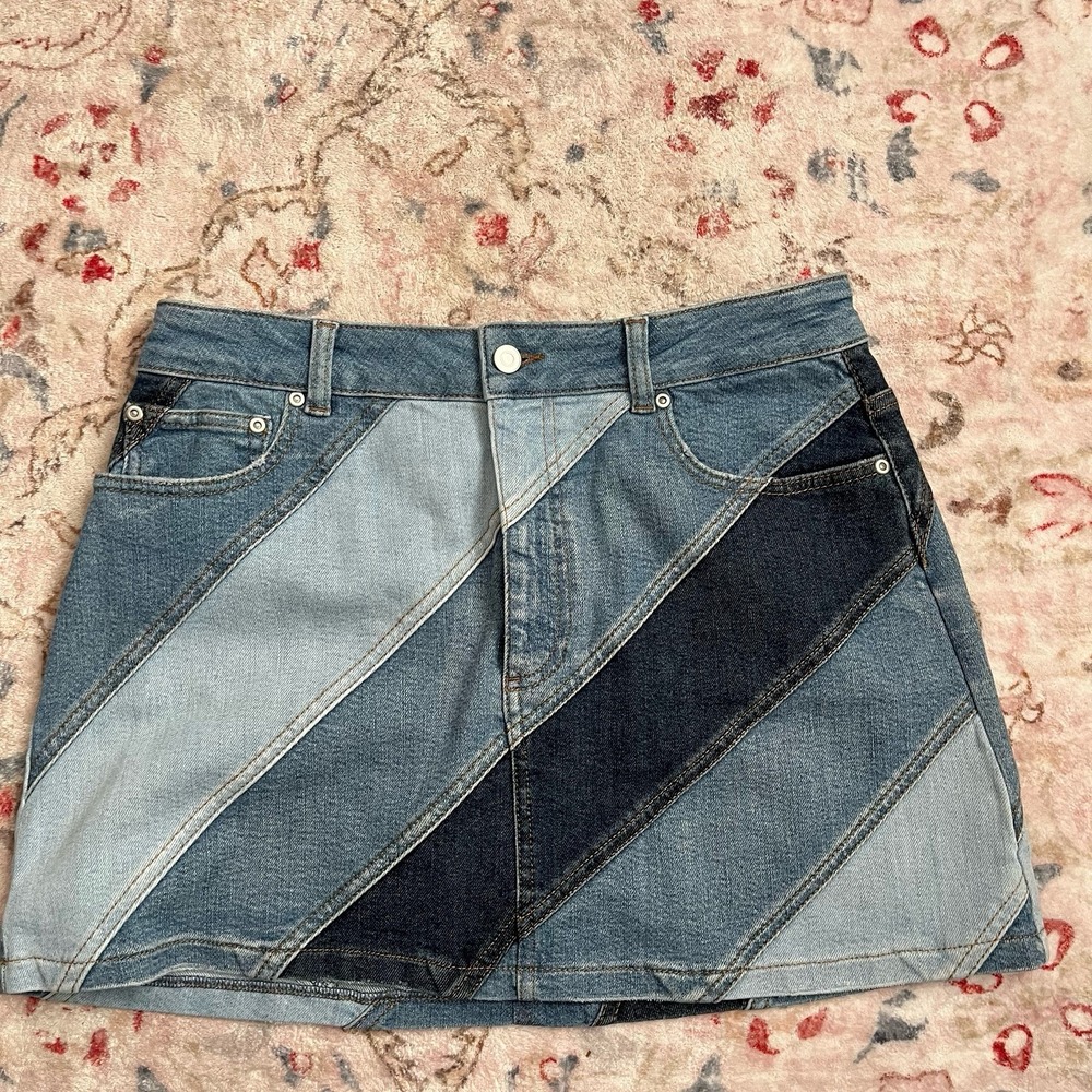 Chelsea & Violet Womens Sz 10 Denim Patchwork High Rise Fitted Jean Mini Skirt‎